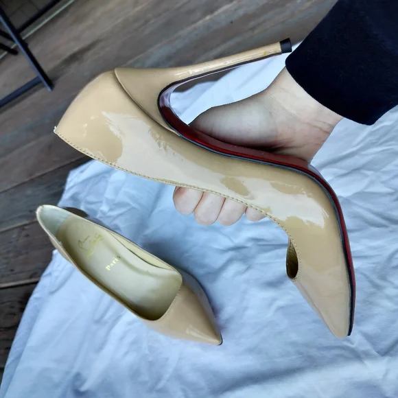 Christian Louboutin Nude Tan Patent Leather Stiletto Pump Heels Pointy Toe - Picture 8 of 14